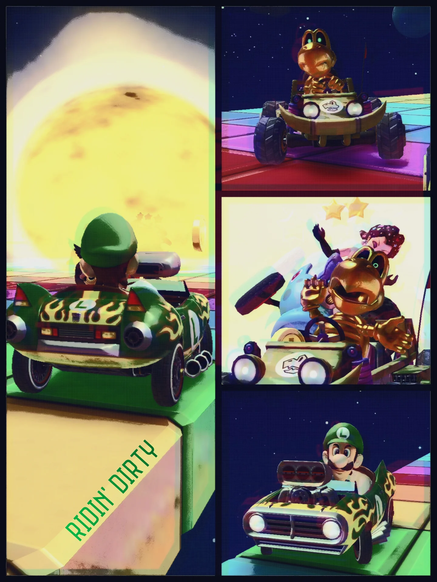 Luigi's Death Stare — Four-panel Mario Kart 8 collage of Luigi and Koopa with 'Ridin' Dirty' caption