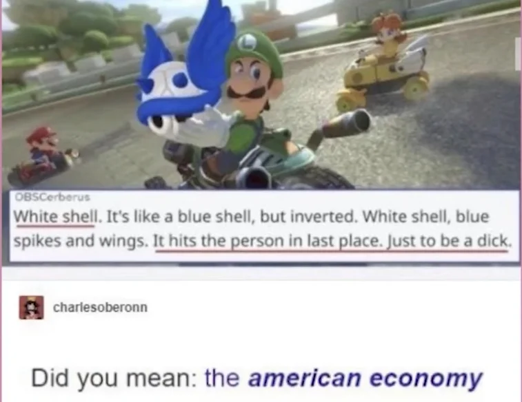 Luigi's Death Stare — Tumblr screenshot showing Luigi hit by a white shell with a joke about the American economy