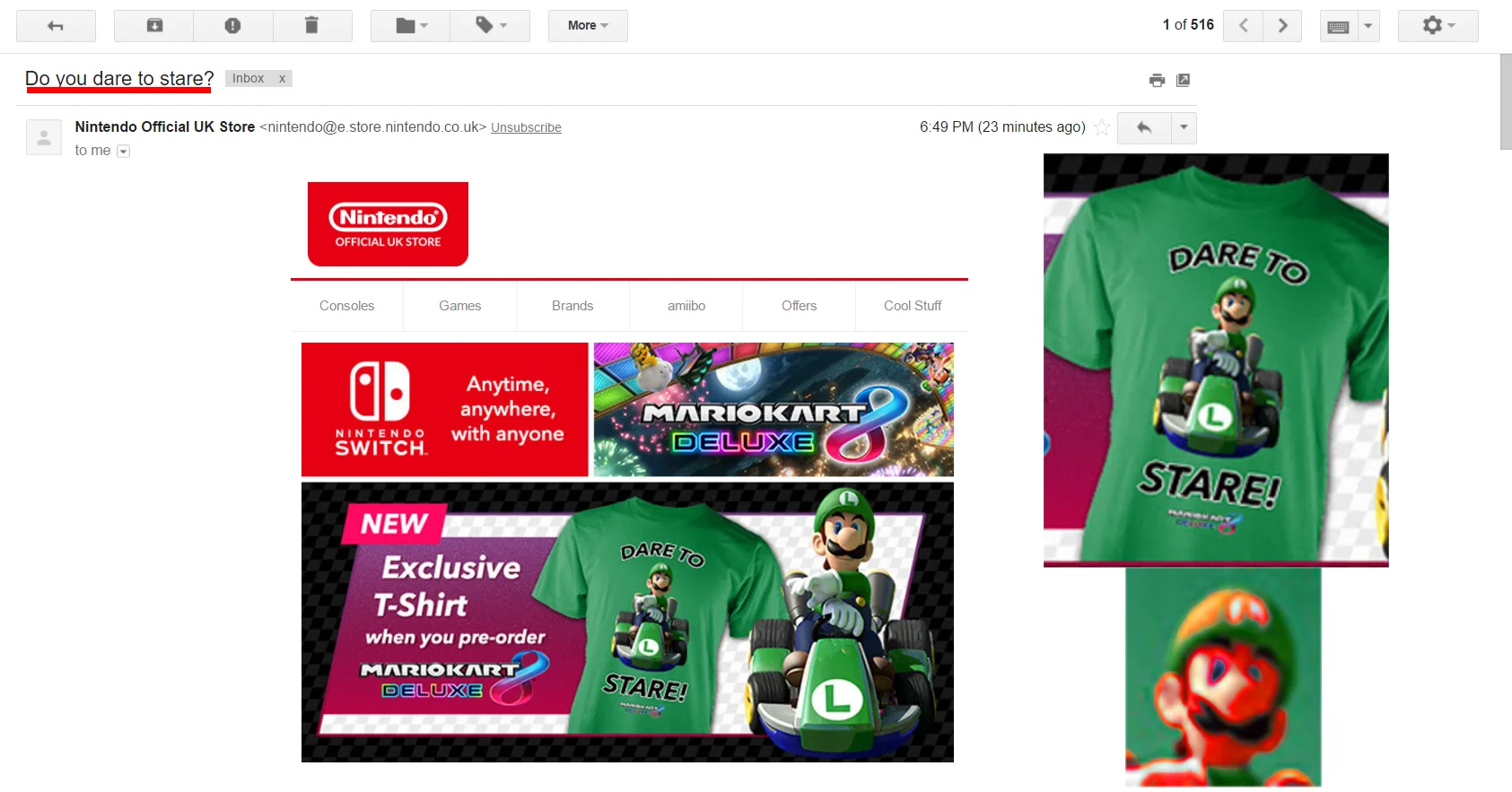 Luigi's Death Stare — Nintendo UK email screenshot advertising a 'Dare to Stare' Luigi T-shirt for Mario Kart 8 Deluxe