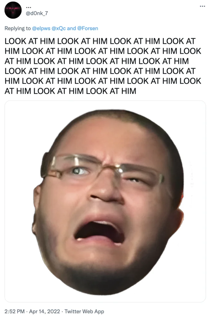 Luka Tim — Twitter screenshot with the text 'LOOK AT HIM' repeated and an image of a distorted face with glasses and open mouth.