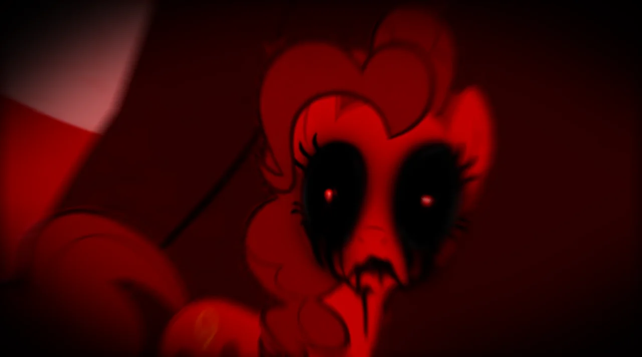Luna Game — Creepy Pinkie Pie with hollow eyes and red glowing pupils, blood dripping from mouth