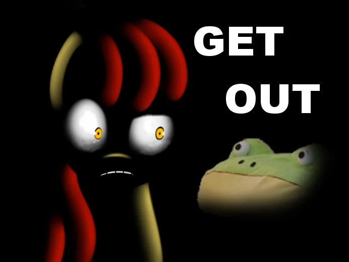Shadow Luna next to a frog with the text GET OUT from Luna Game 2