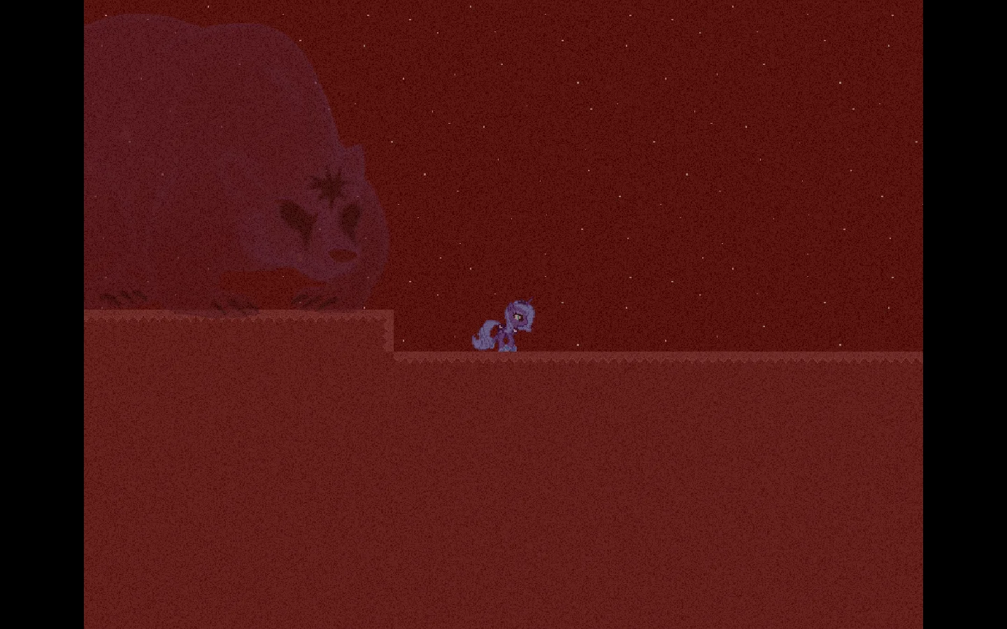 Luna Game screenshot with a tiny Luna and a giant sleeping Twilight in a red pixel landscape