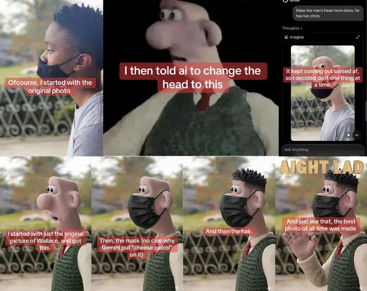 Ma Got Pranked — Collage showing the step-by-step Grok AI edits turning an original photo into the masked Wallace meme