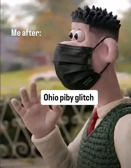 Ma Got Pranked — Masked Wallace reaction meme with caption 'Me after: Ohio piby glitch'