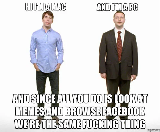 Mac vs PC — Cartoon of two mechanics fixing a PC-branded car and an Apple-branded car, mocking Apple's disposable hardware.