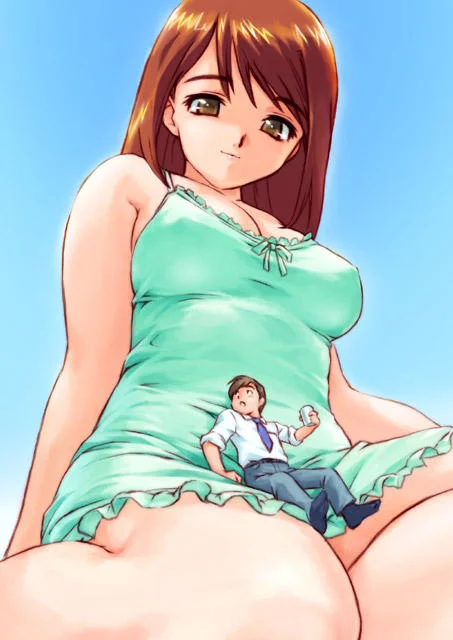 Macrophilia — Anime giant girl in green dress with a tiny man sitting on her thigh