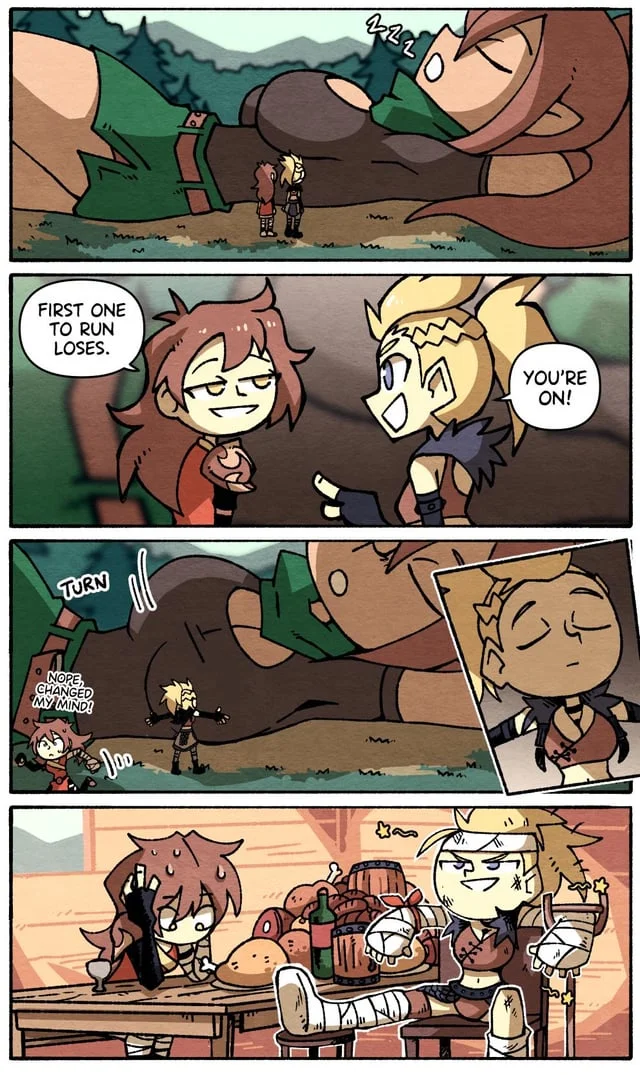 Macrophilia — Four-panel chibi comic of two adventurers daring each other near a sleeping giantess
