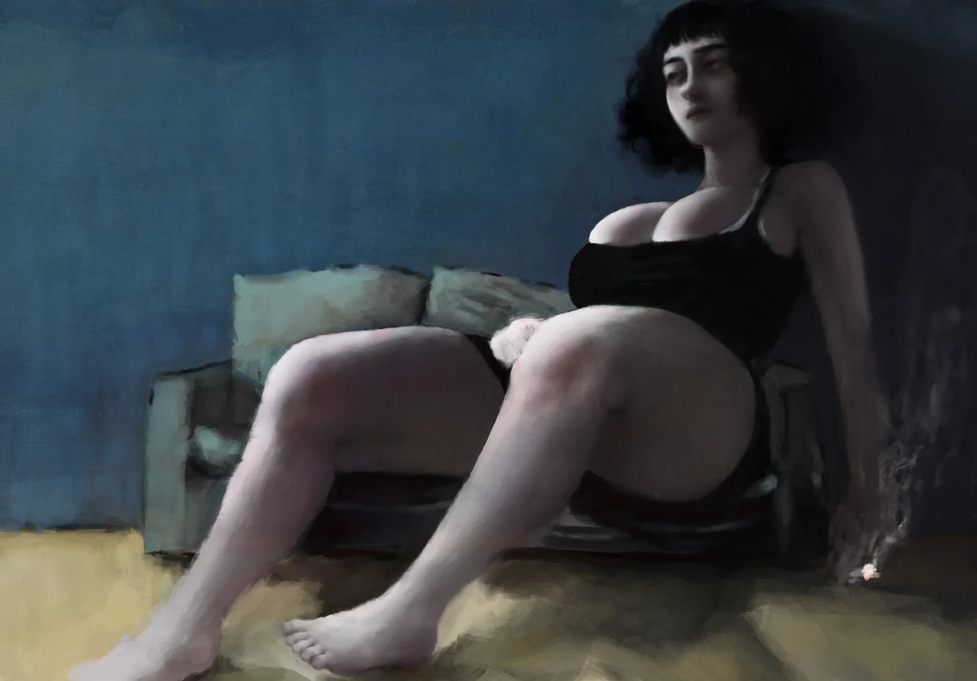 Macrophilia — Painterly artwork of a large curvy woman lounging on a sofa from a low angle