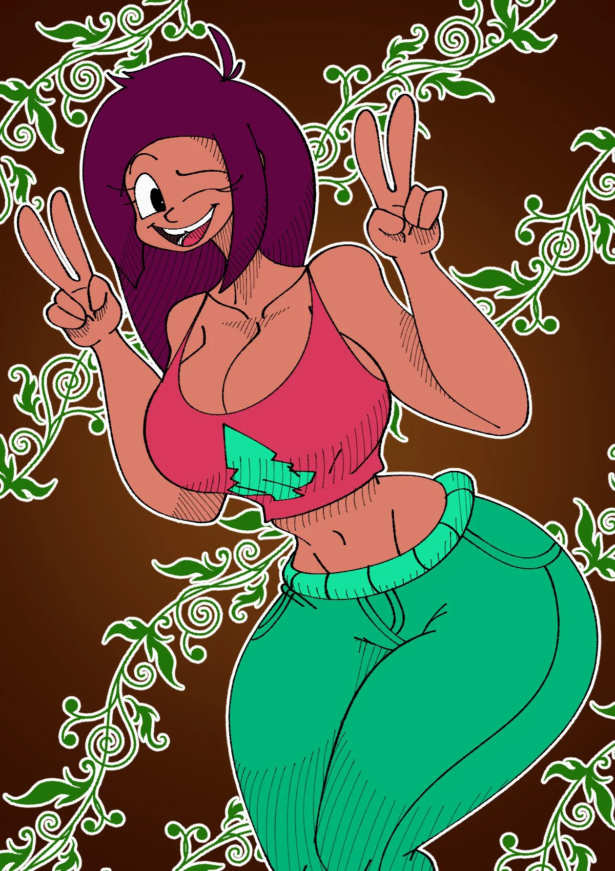 Macrophilia — Cartoon of a winking purple-haired woman with exaggerated hips flashing peace signs