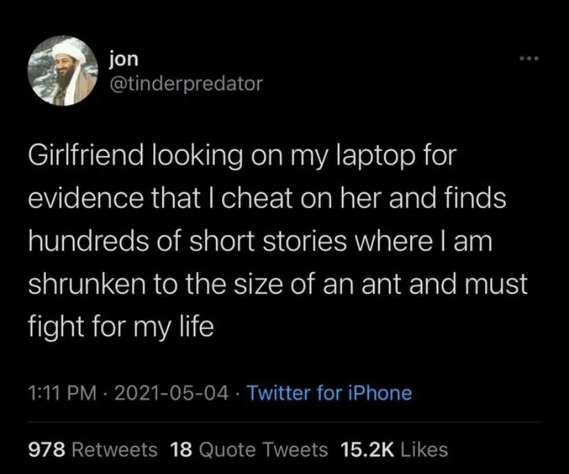 Macrophilia — Tweet by @tinderpredator about shrunken short stories on his laptop