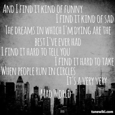 Lyrics from the song Mad World overlaid on a dark city skyline background