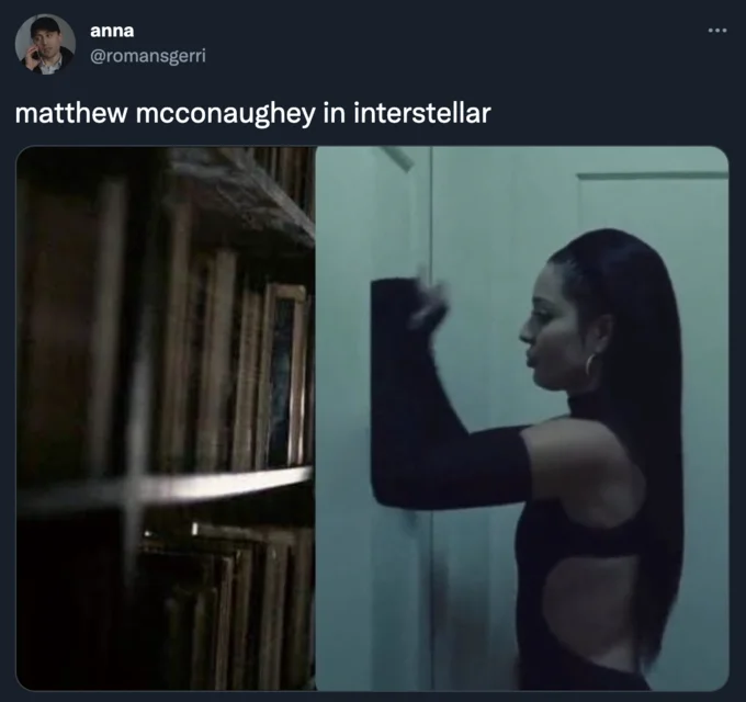 Maddy Banging On Door — Side-by-side tweet comparing Matthew McConaughey in Interstellar's bookshelf scene with Maddy banging on a door