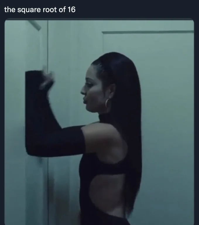Maddy Banging On Door — Tweet with caption 'the square root of 16' showing Maddy at the door with her arm forming a radical symbol