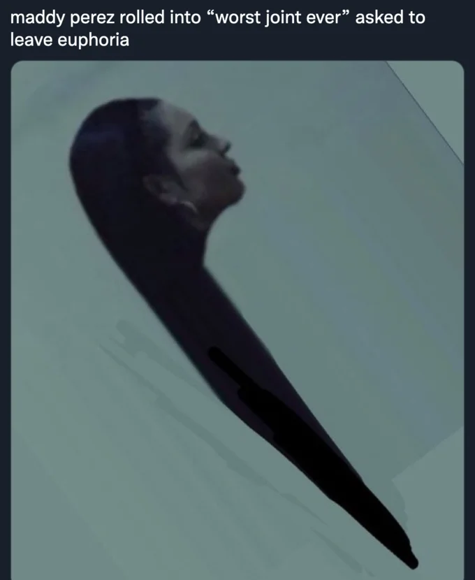Maddy Banging On Door — Tweet showing Maddy Perez edited into the shape of a long thin joint with caption about being asked to leave Euphoria