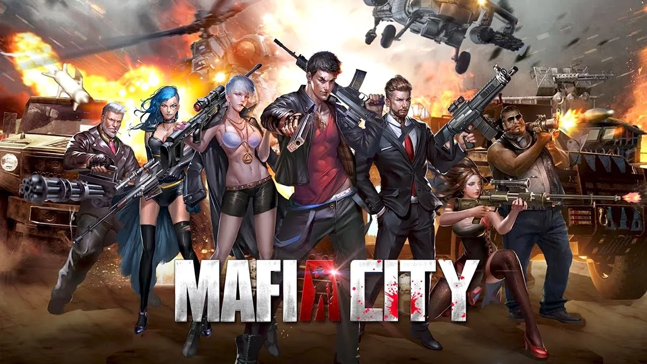 Mafia City mobile game promotional key art with armed gang characters and burning vehicles