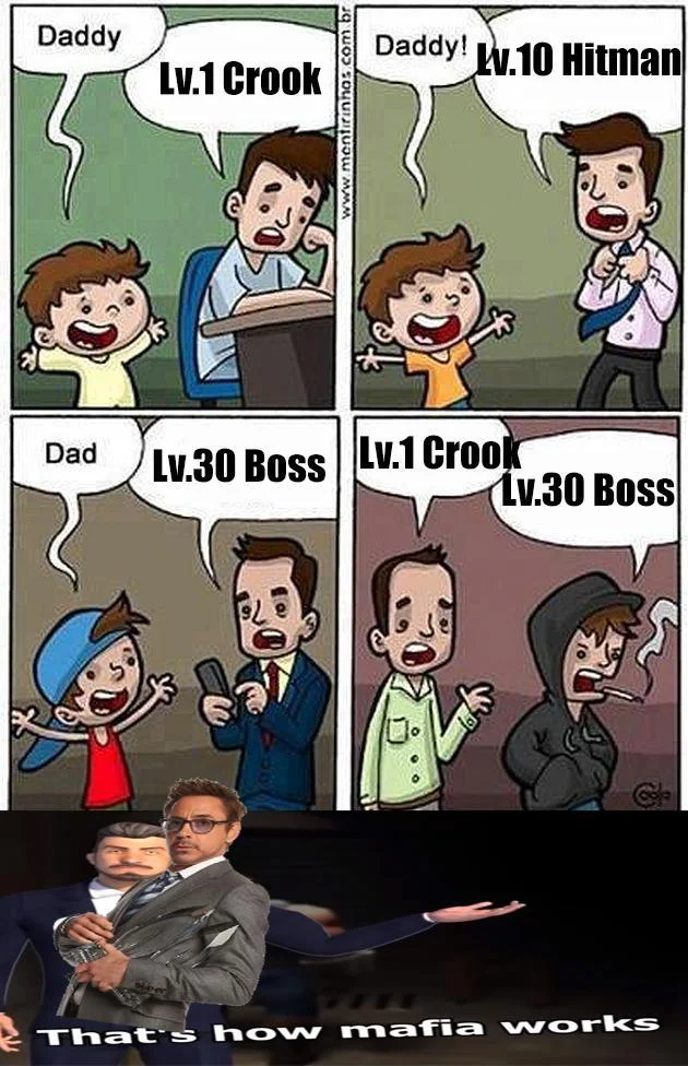 Peter Griffin Lv. 1 Crook next to Lv. 35 Boss with Mafia City logo underneath