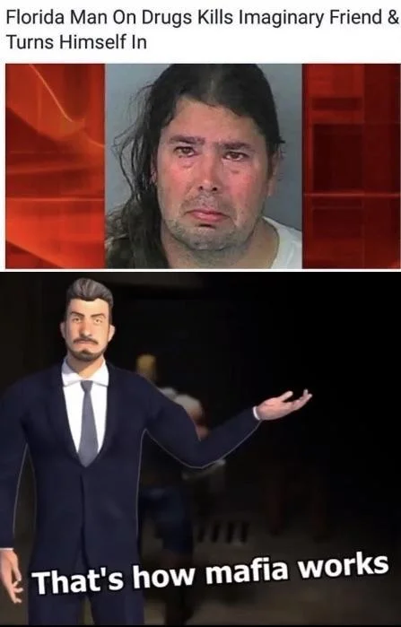 Mafia City — 3D animated mafia boss in blue suit gesturing with caption 'That's how mafia works'