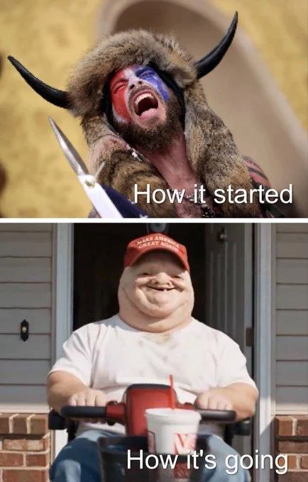 MAGA Wojak — How it started versus how it's going meme comparing the QAnon Shaman to the MAGA magatard on a scooter
