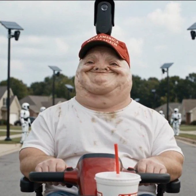 MAGA Wojak — MAGA magatard riding a mobility scooter with a soda, stormtroopers in the suburban background