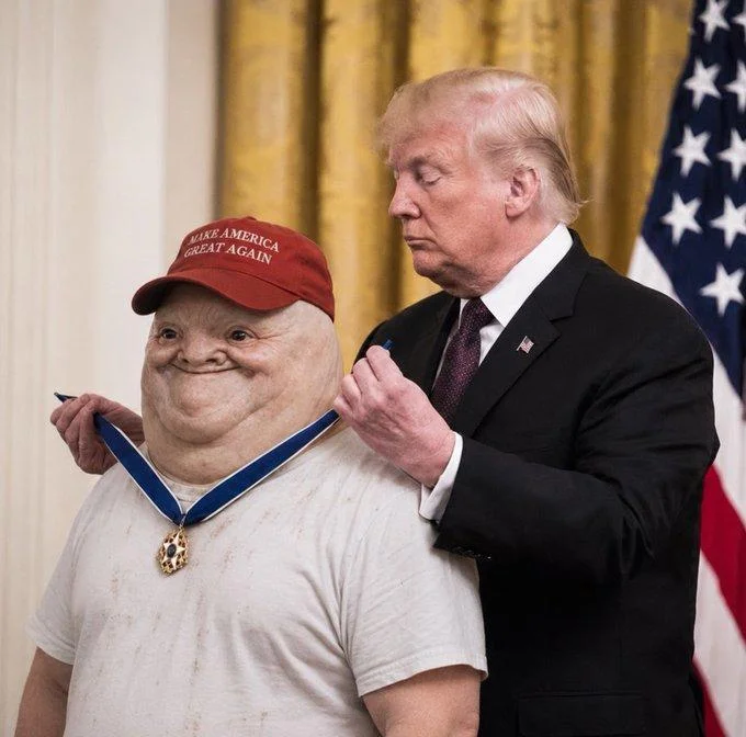 MAGA Wojak — Trump placing a Presidential Medal of Freedom around the neck of the MAGA magatard character
