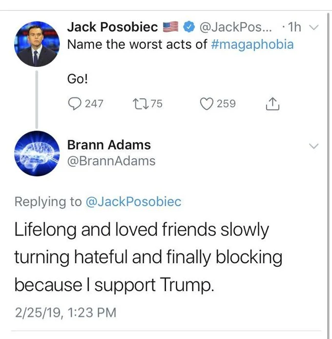 Posobiec Magaphobia prompt with Brann Adams reply about lost friendships