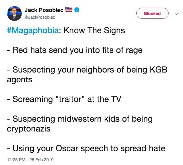 Jack Posobiec tweet listing satirical signs of Magaphobia
