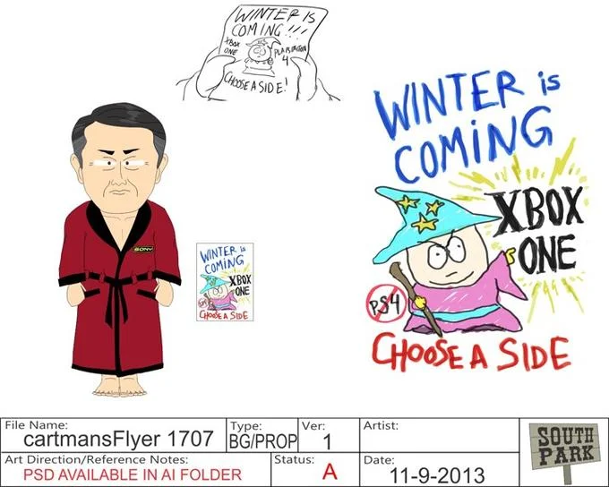 Magic Internet Money Bitcoin Wizard — Official South Park production art featuring Cartman in a red robe alongside a 'Winter is Coming' wizard flyer in the