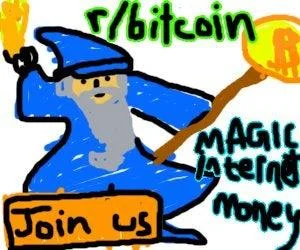 Magic Internet Money Bitcoin Wizard — The original MSPaint-style illustration of a blue-robed, gray-bearded wizard holding a staff topped with a glowing