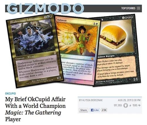 Gizmodo article about OkCupid dating a Magic The Gathering champion