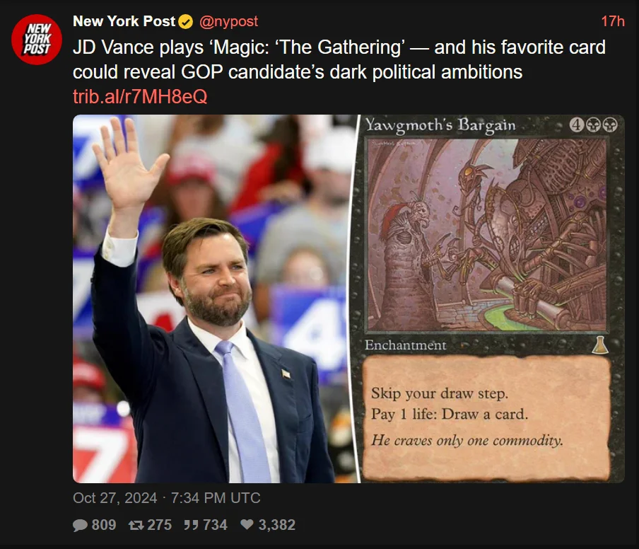 New York Post tweet about JD Vance and his Magic The Gathering card