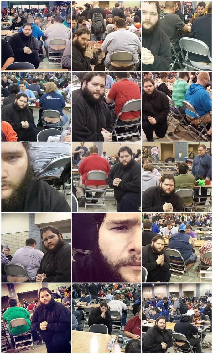 Collage of a man at a Magic The Gathering tournament