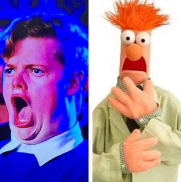 Side-by-side comparison of Magikarp Guy and Beaker the Muppet with matching shocked expressions