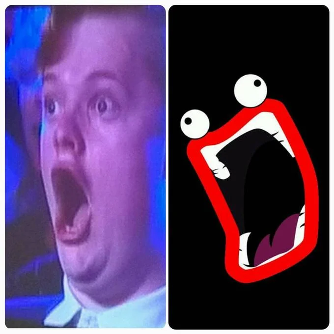 Magikarp Guy shocked face beside a cartoon googly-eyed open-mouth illustration