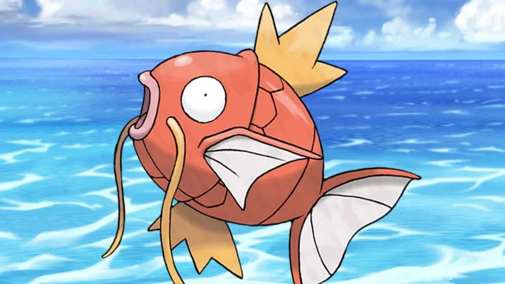 Official Pokémon artwork of Magikarp, a red fish with white and yellow fins, above blue ocean water.
