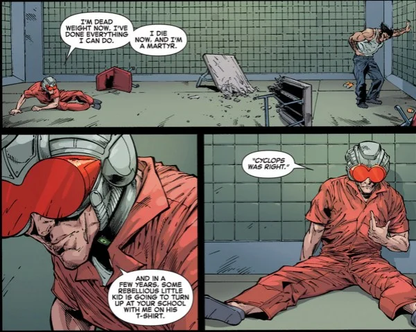 Comic panel of Quentin Quire wearing a red 'Magneto Was Right' T-shirt