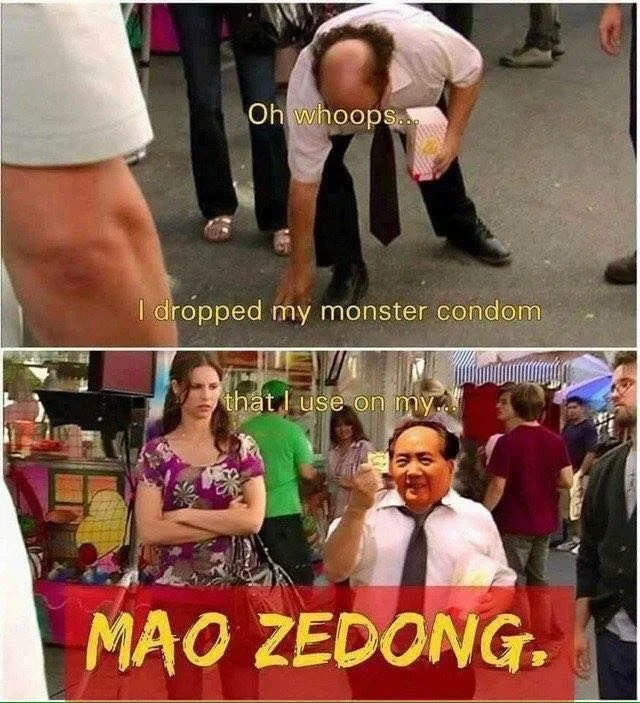 Two-panel Frank Reynolds meme with 'Mao Zedong' pun on 'magnum dong'