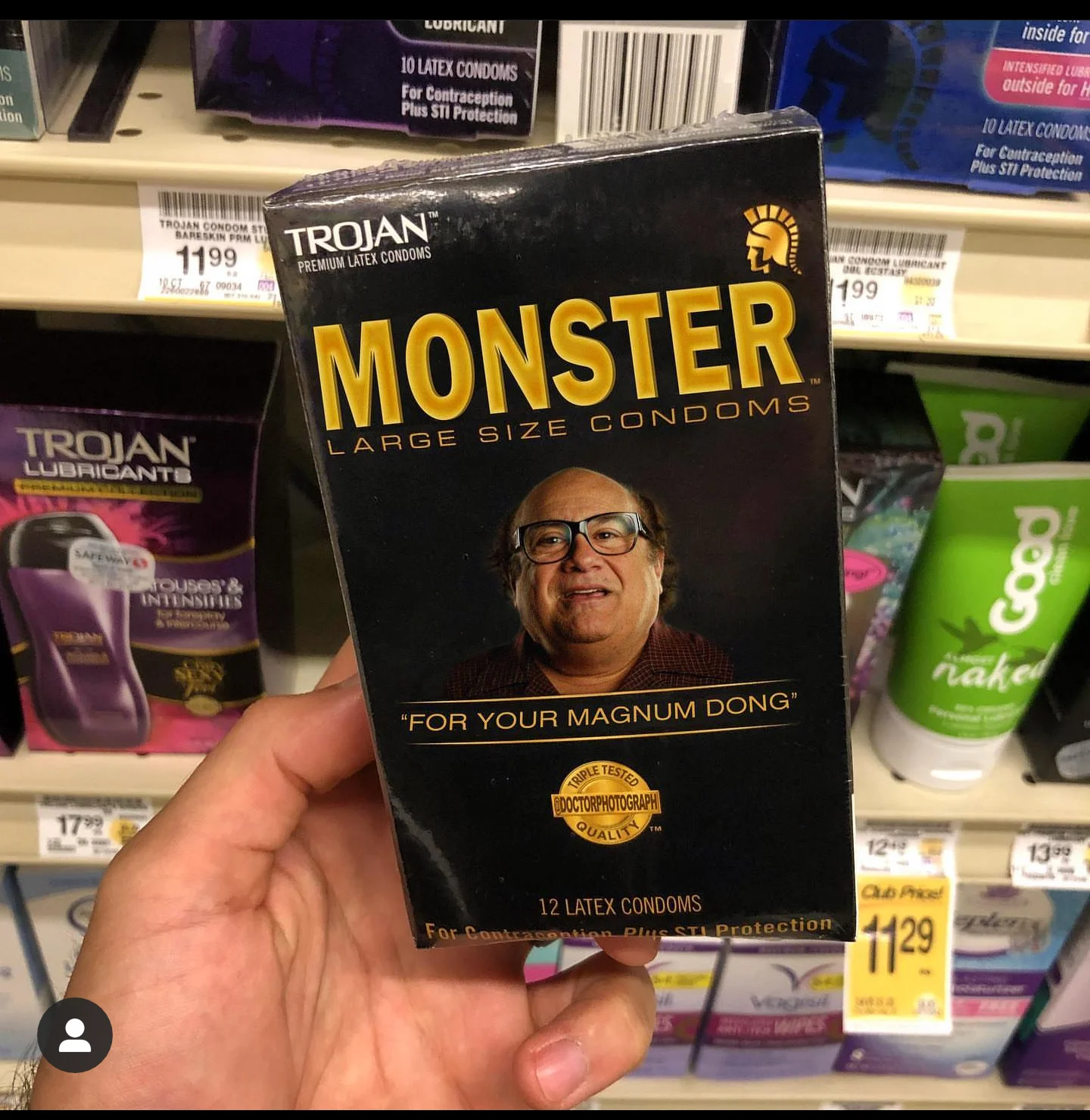 Photoshopped Trojan Monster condom box with Danny DeVito and 'For Your Magnum Dong' tagline