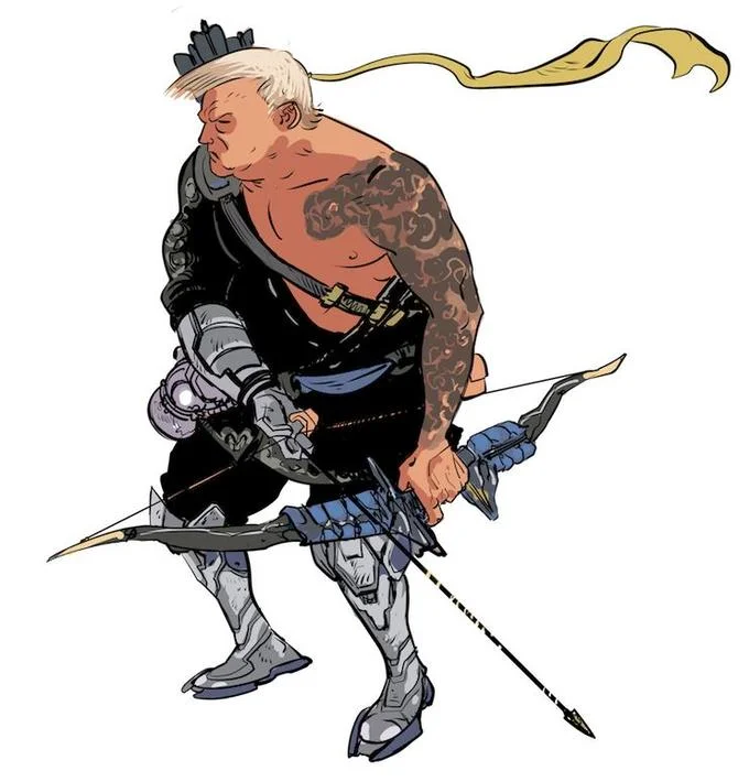 Maining Hanzo — Illustration of an overweight version of Overwatch's Hanzo drawing a bow