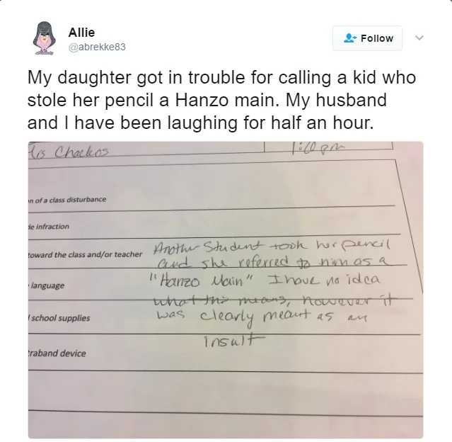 Maining Hanzo — Tweet screenshot about a child being disciplined for calling a classmate a Hanzo main