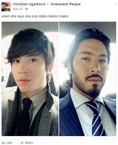 Maining Hanzo — Facebook meme comparing two men with caption about dating Hanzo mains