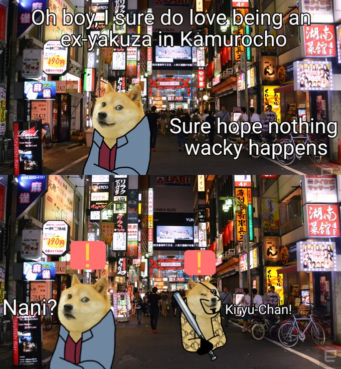 Majima Everywhere — A multi-panel Doge meme format set in Kamurocho with a Shiba Inu on Kiryu's body, followed by Majima charging shouting 'Kiryu-Chan!'