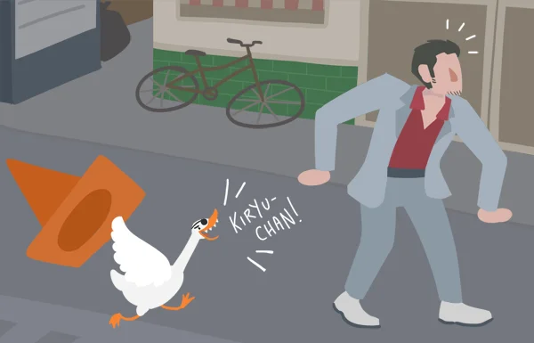 Majima Everywhere — Fan art showing the Untitled Goose Game goose wearing Majima's hat, honking 'KIRYU-CHAN!' while cartoon Kiryu stumbles in surprise.