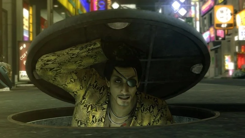 Majima Everywhere — Goro Majima rises from a manhole cover in the neon-lit streets of Kamurocho at night, wearing his yellow snake-skin jacket and grinning.