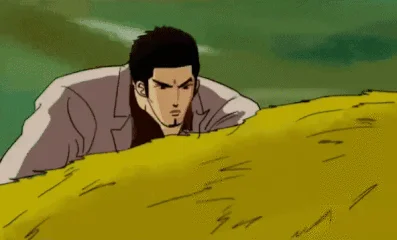 Majima Everywhere — An animated GIF frame showing an anime-styled character lurking and peering over a grassy yellow hill in older Yakuza animation style.