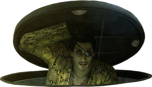 Majima Everywhere — A game screenshot of Goro Majima popping out of a manhole, grinning menacingly while wearing his distinctive yellow snake-skin jacket.