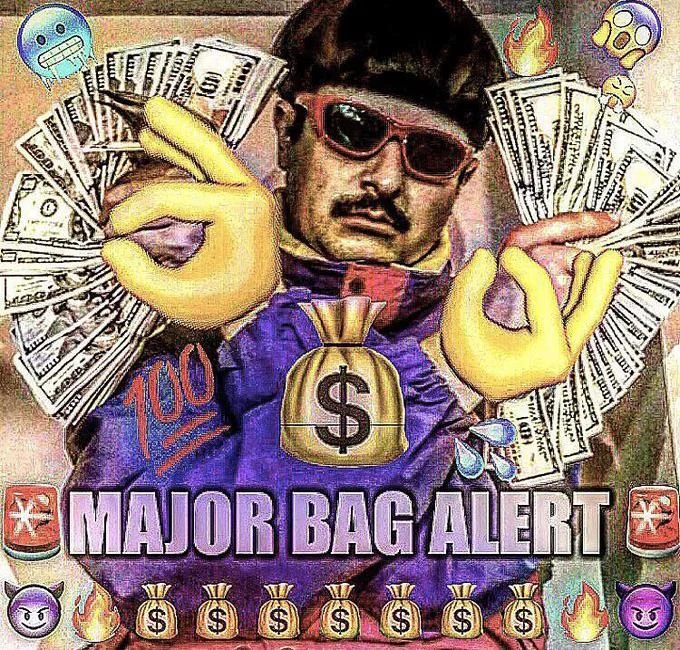 Mustachioed man in red sunglasses and purple hoodie holding fans of hundred-dollar bills with money bag emojis and 'MAJOR BAG ALERT' text.