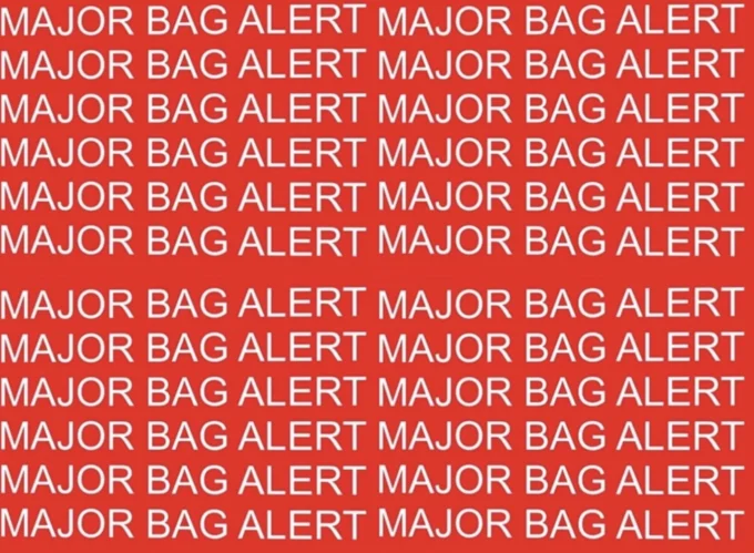 Red background covered with the repeating white text 'MAJOR BAG ALERT' arranged in a grid pattern.
