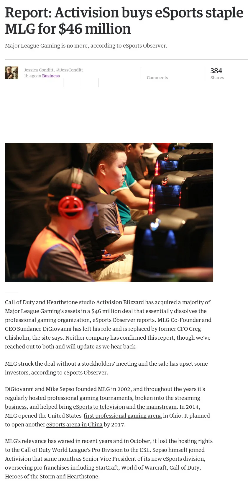 Major League Gaming — News article screenshot about Activision acquiring MLG for $46 million