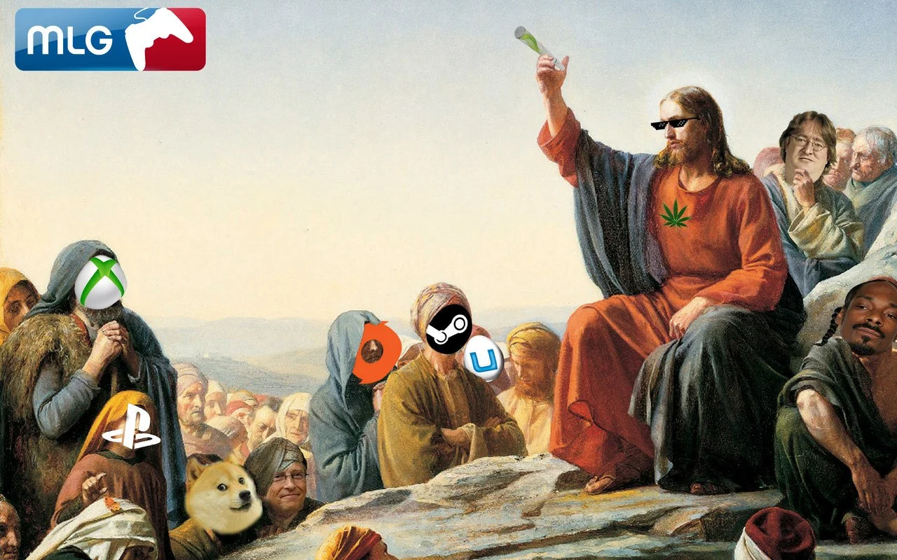 Major League Gaming — Sermon on the Mount painting edited with MLG shades, weed leaf, and gaming console logos